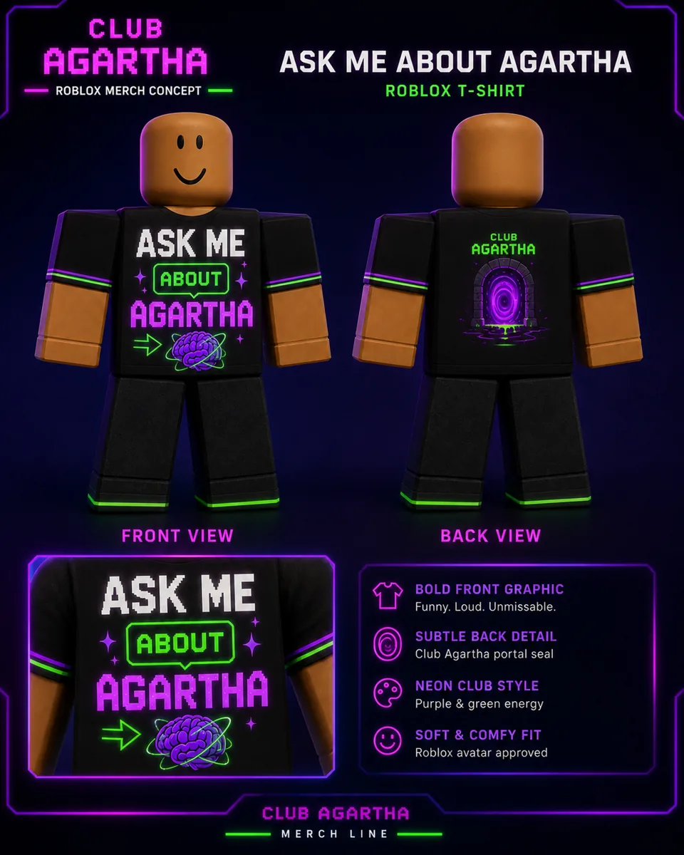 Ask Me About Agartha tee development plate